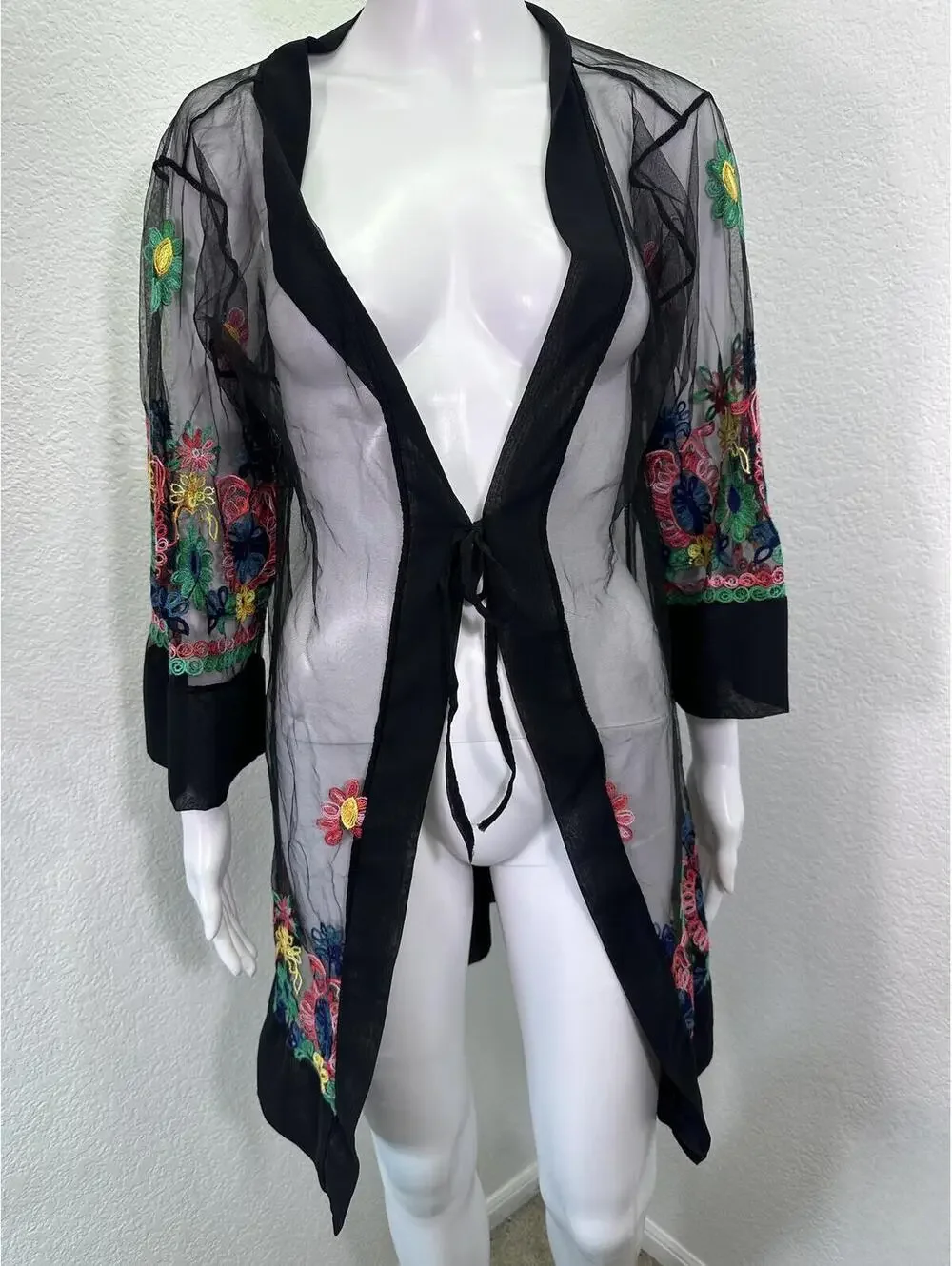 Black Mesh Floral Duster Embroidered Traditional Mexican Style Loungewear